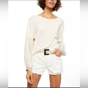 WE THE FREE Free People Jade Long Balloon Sleeve Pattern Print Top Ecru in Cream